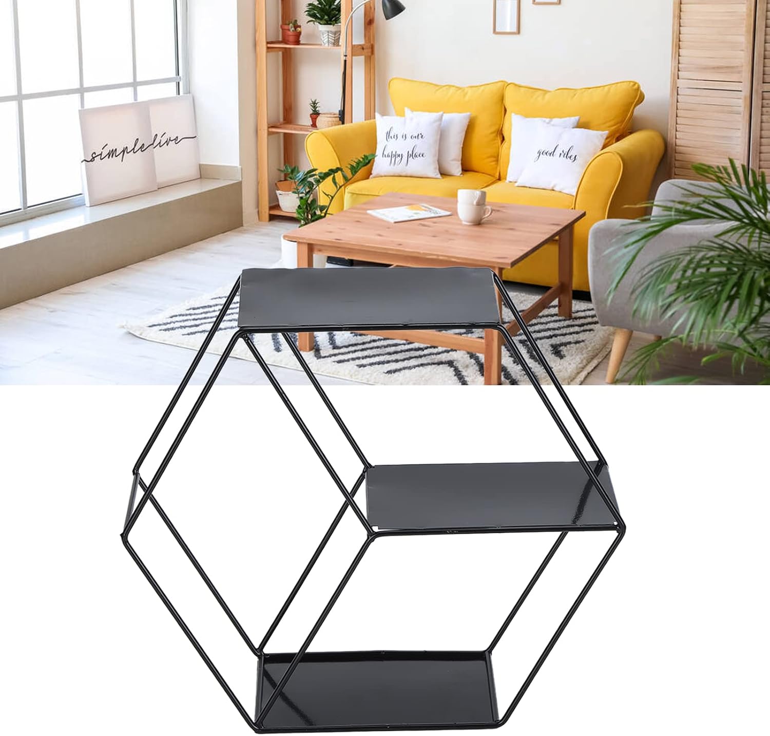 Hexagonal Floating Shelf Wall Decor with 2 Layers Black Metal