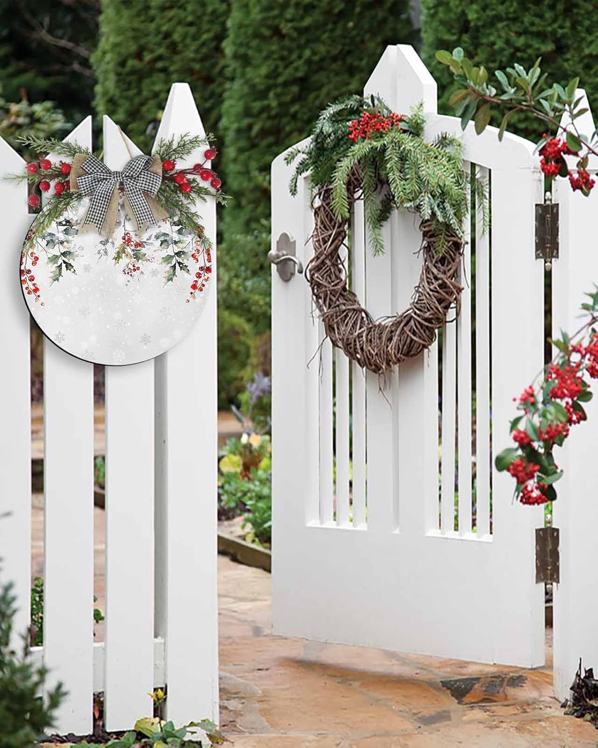Christmas Welcome Sign with Red Berry and Snowflake Design