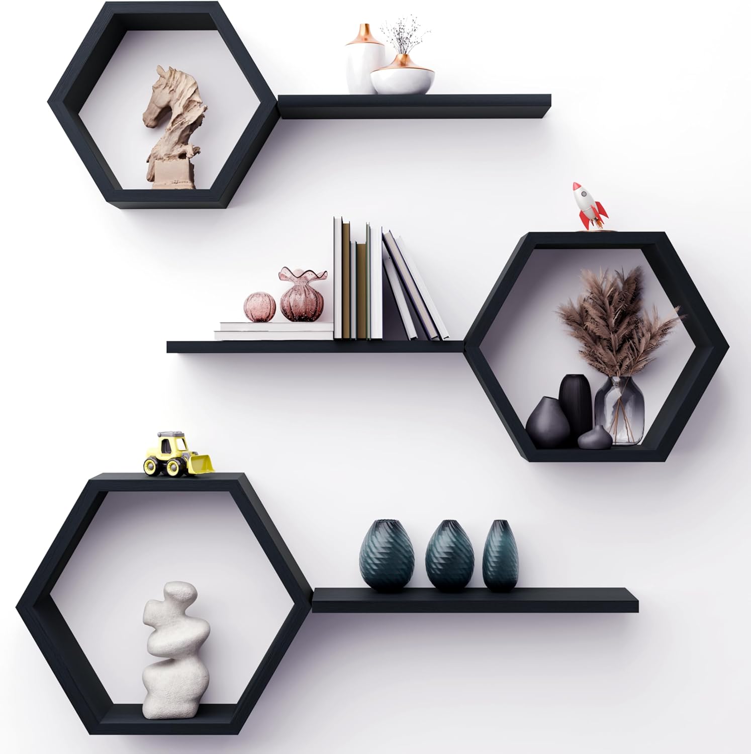 Hexagon Floating Shelves Set of 6 Carbonized Black