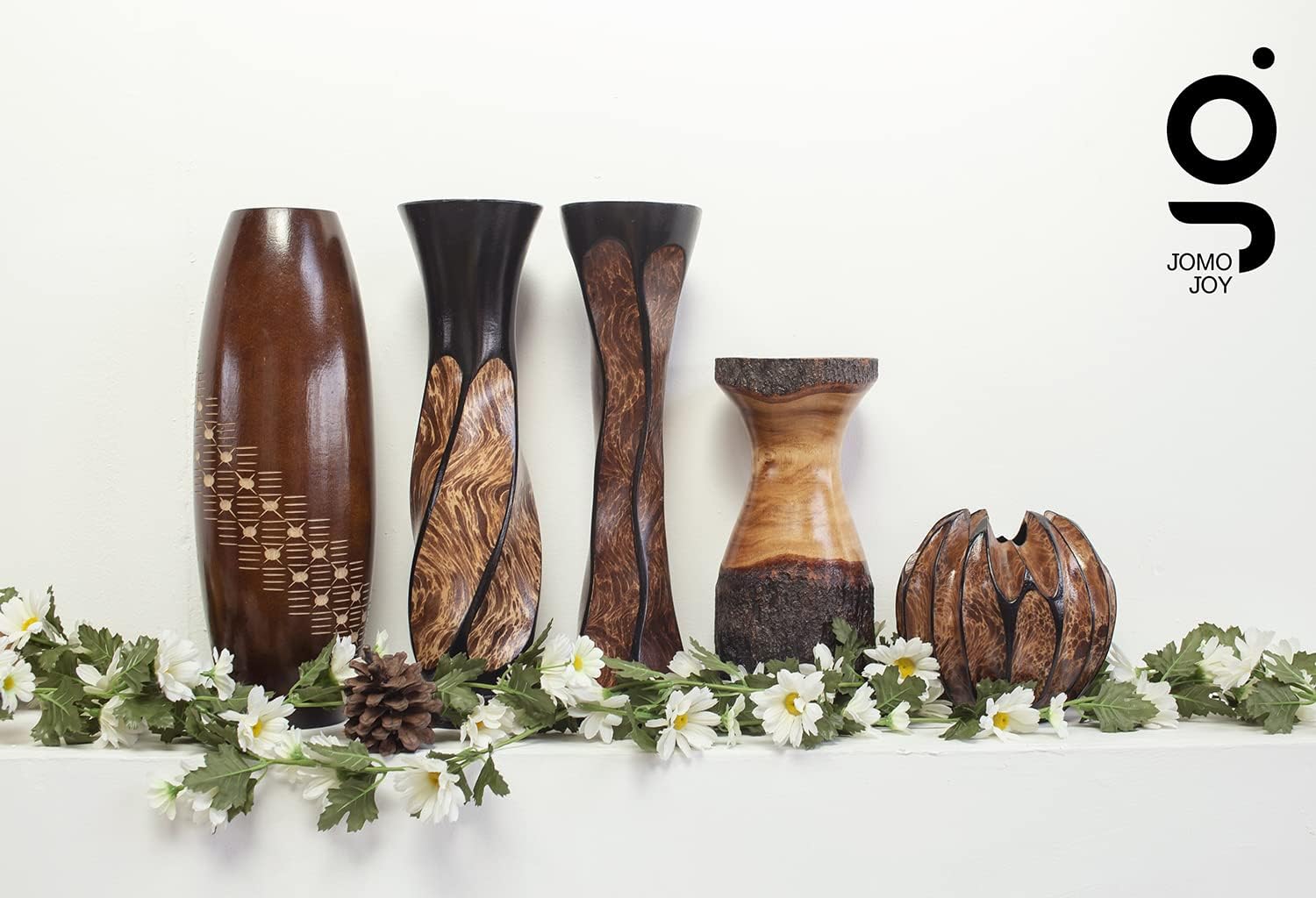 Small Round Sculptured Wooden Vase for Dried Flowers and Decorative Grass Display