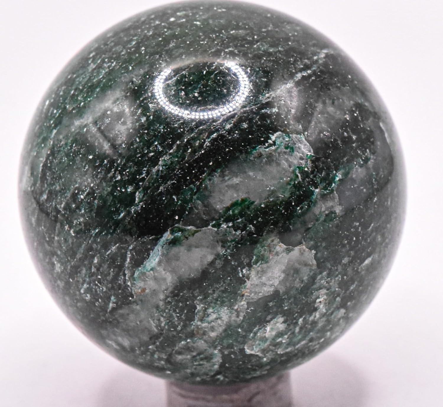 47mm Dark Green Jade Carved Sphere with Stand