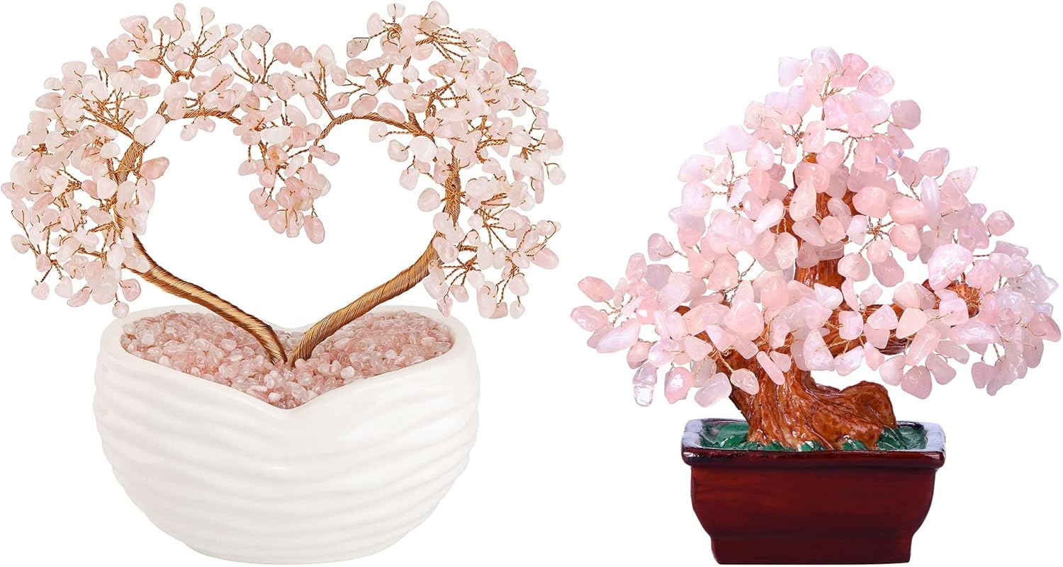 Jovivi Rose Quartz Crystal Heart Money Tree Healing Bonsai Set