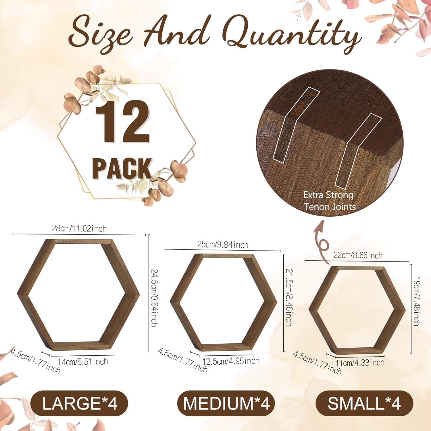 12 Pcs Wooden Hexagon Floating Shelves Brown