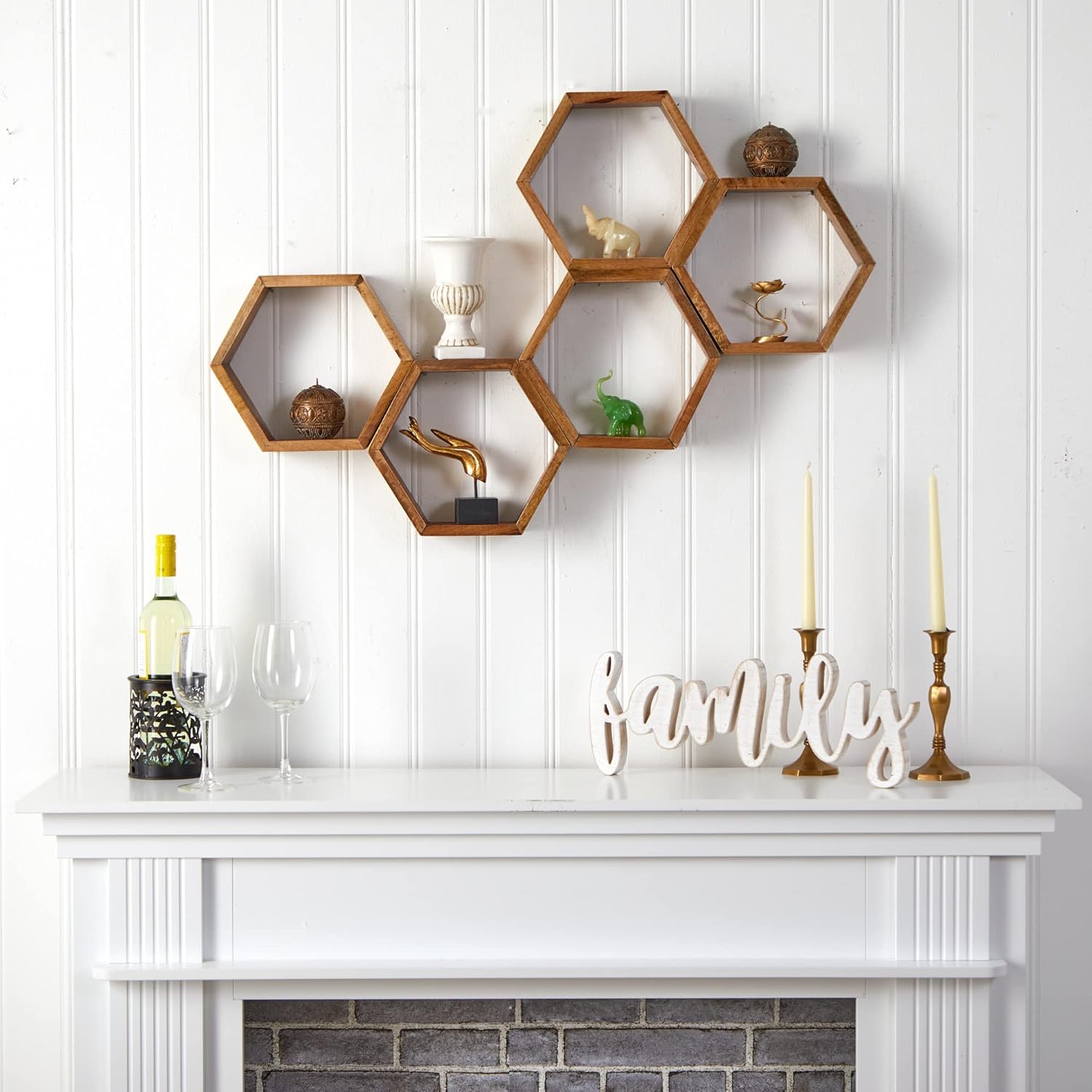 Nearly Natural 12in Wooden Hexagon Floating Shelf Set of 5