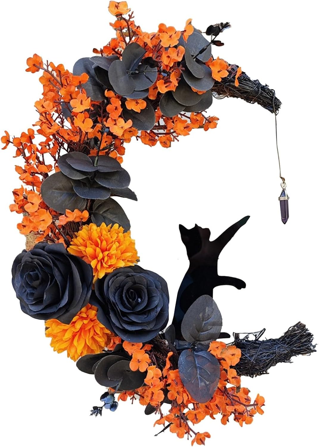 Elegant Halloween Cat Door Wreath with Black Cat and Purple Flowers