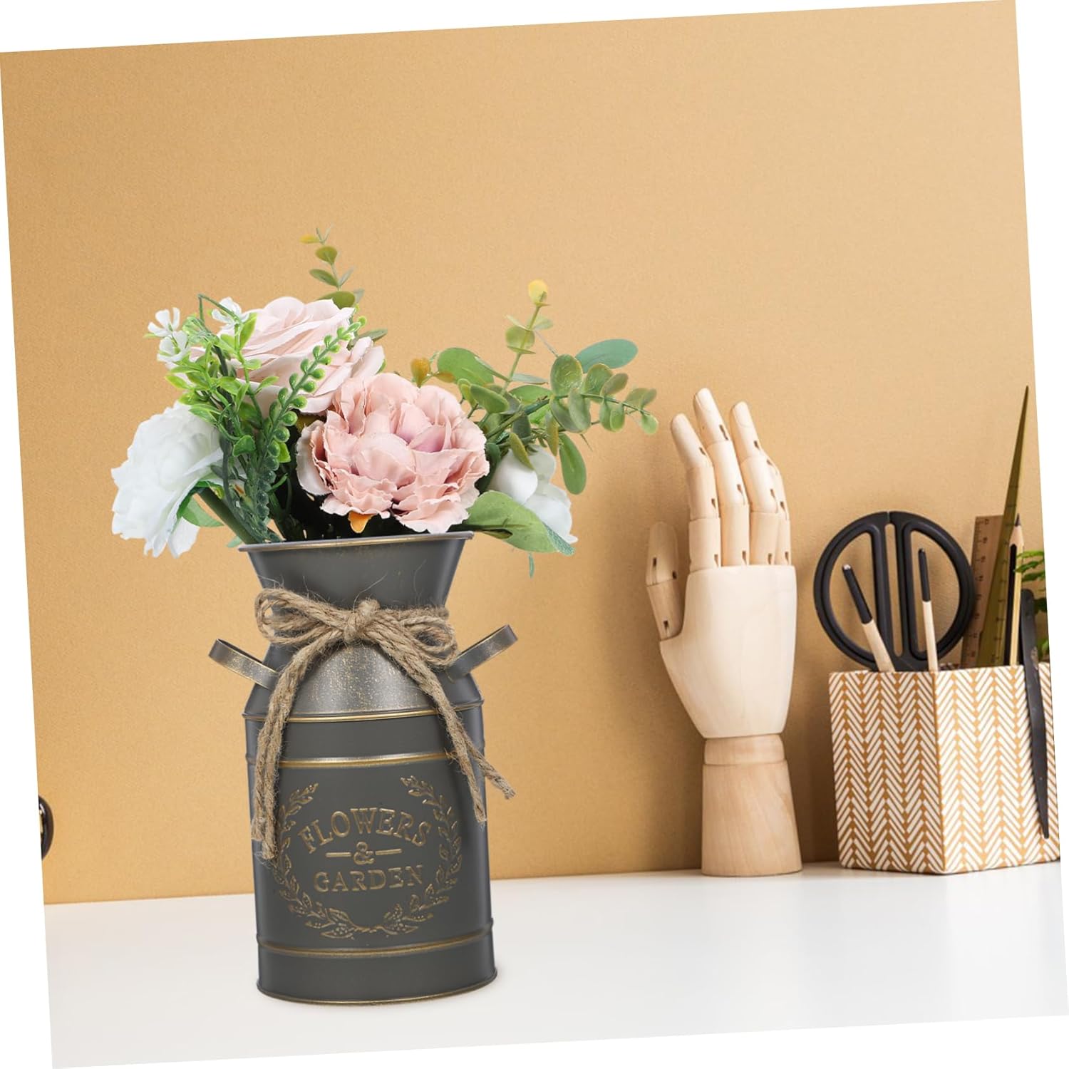 Farmhouse Decorative Metal Flower Bucket for Dried Flowers and Occasions