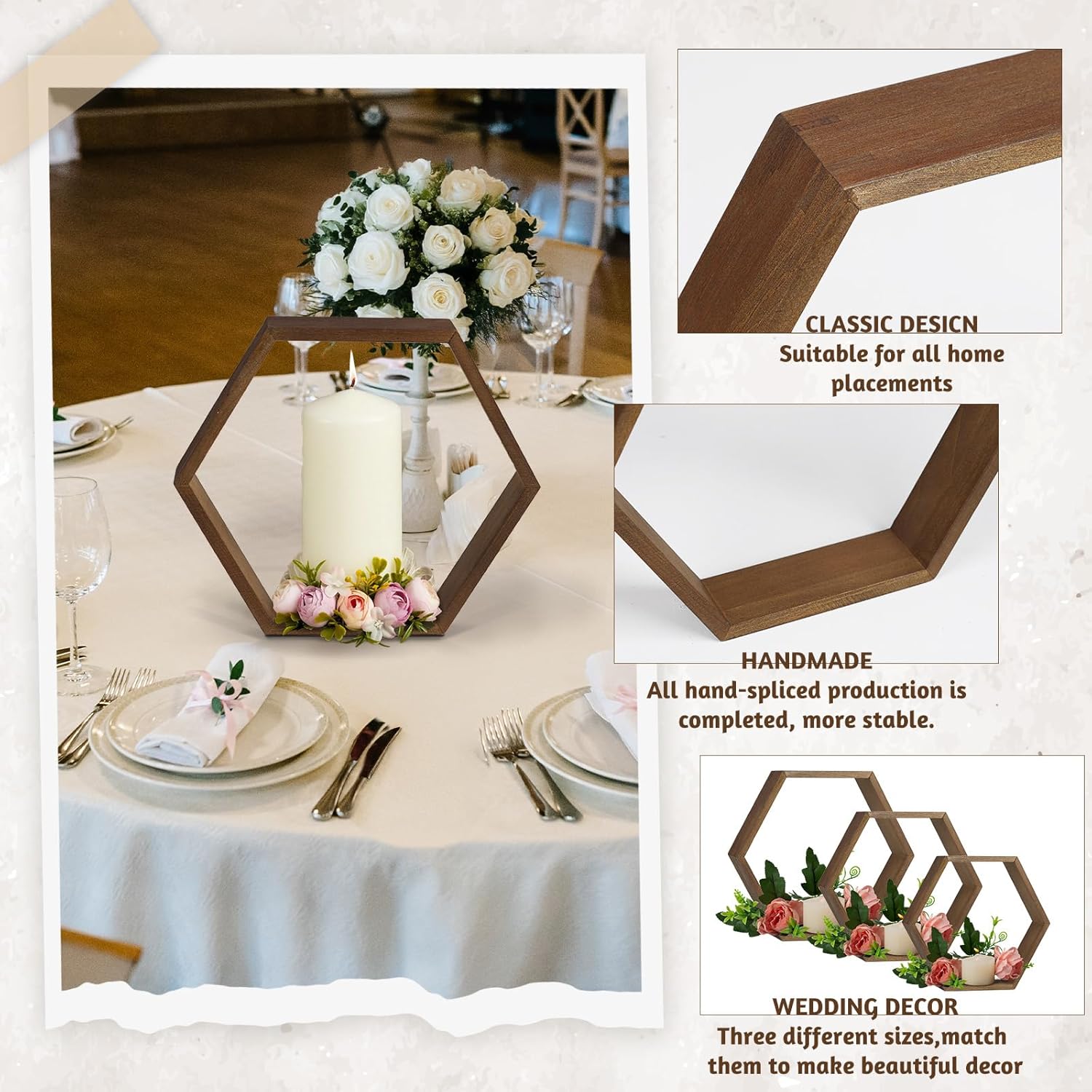 12 Pcs Wooden Hexagon Floating Shelves Brown