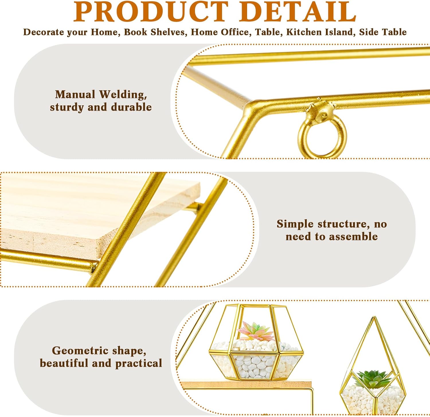 Hexagonal Metal Wall Shelves with 3 Glass Planter Sets