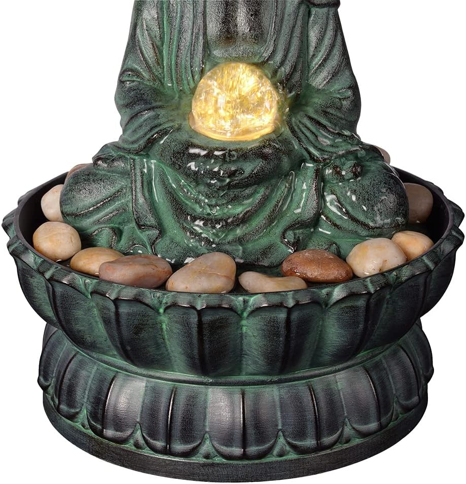 Indoor Tabletop Zen Fountain Buddha Statue with LED Light and Glass Ball