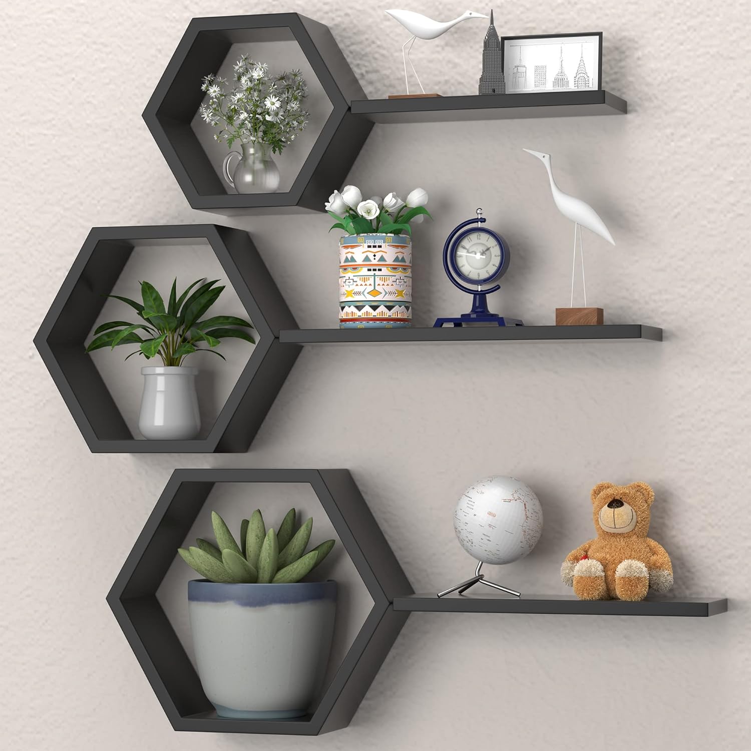 Ecowillon Hexagon Floating Shelves Set of 6 Black