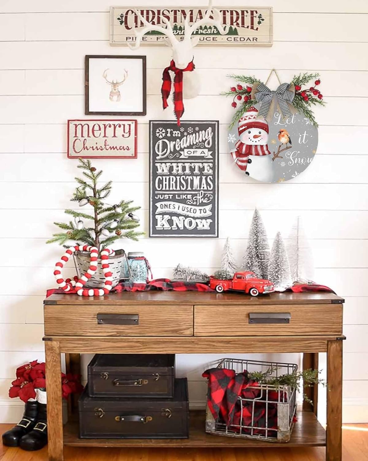Welcome Sign Christmas Wreath Decorations Red Snowman Wood Sign