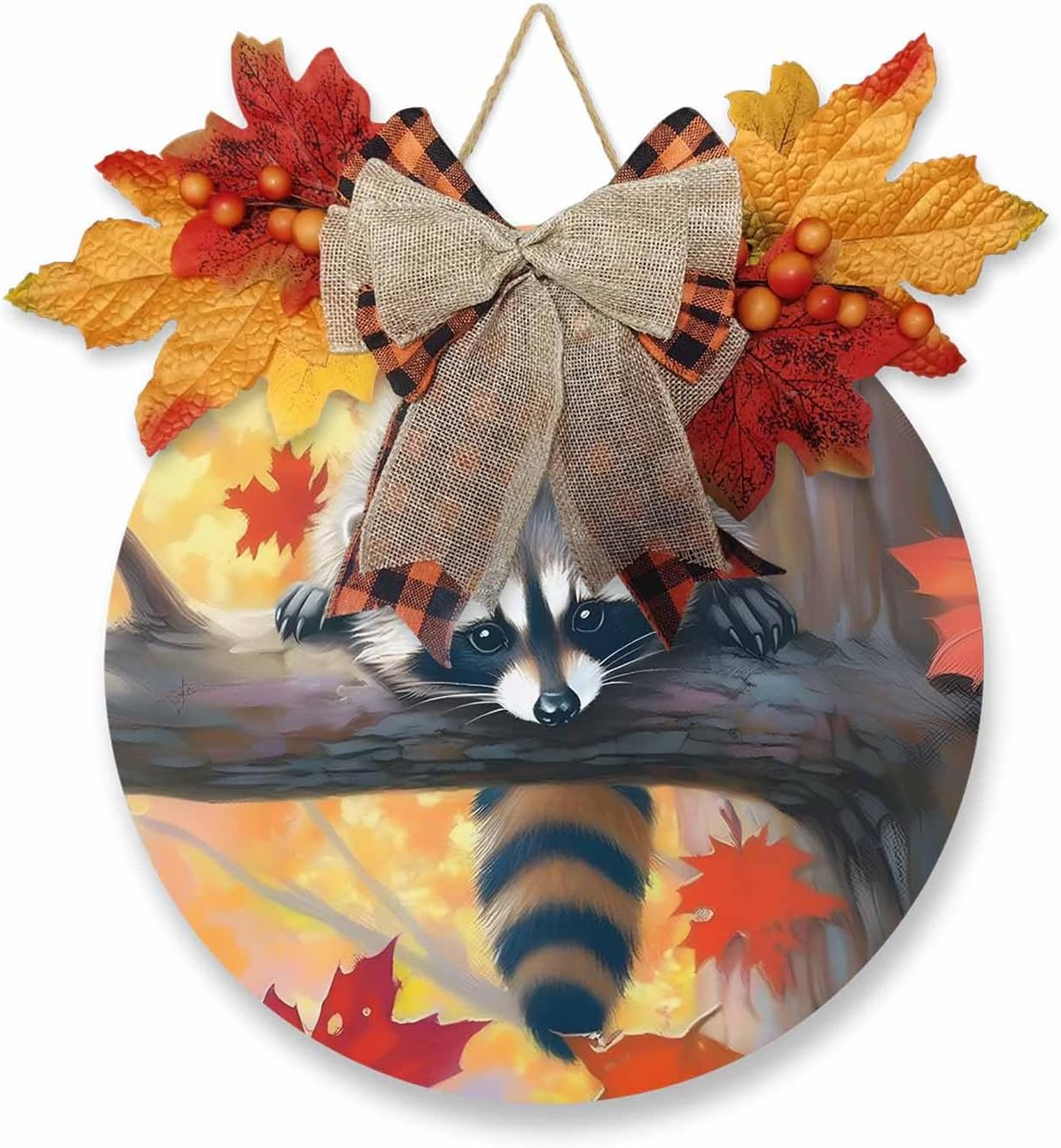 Welcome Sign Fall Thanksgiving Wreath Decor Raccoon Wood Round Door Sign