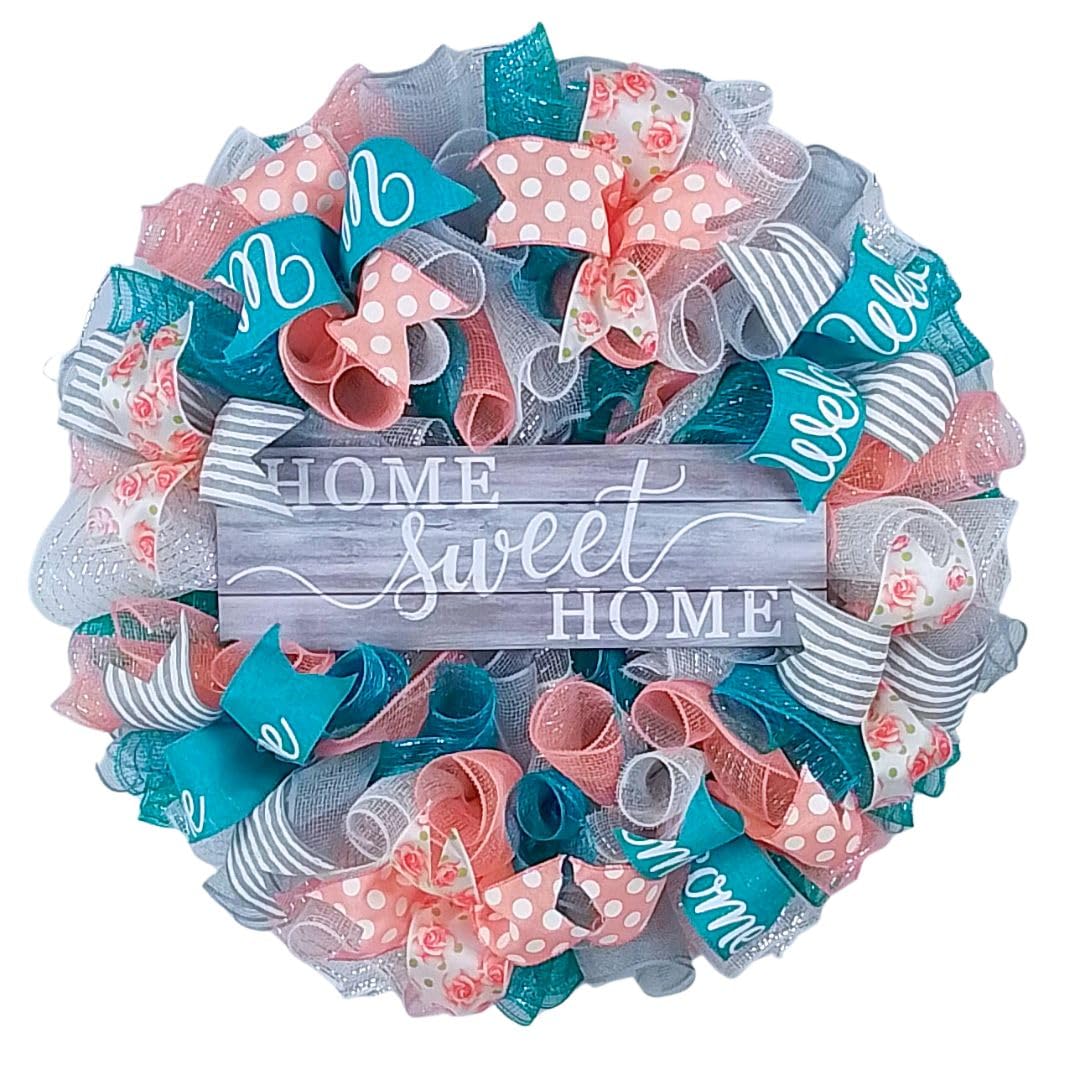 Home Sweet Home Wreath Coral Grey Turquoise Spring Everyday Door Wreath White Rustic