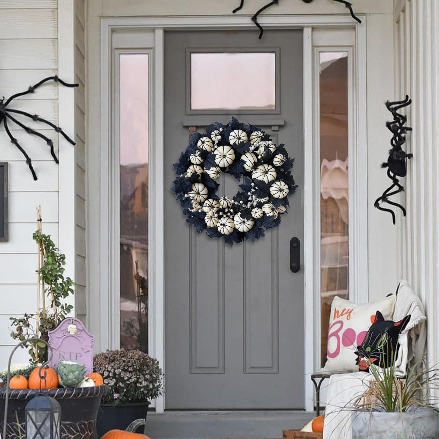 22 Inch Halloween Wreath with White Pumpkins and Black Maple Leaves
