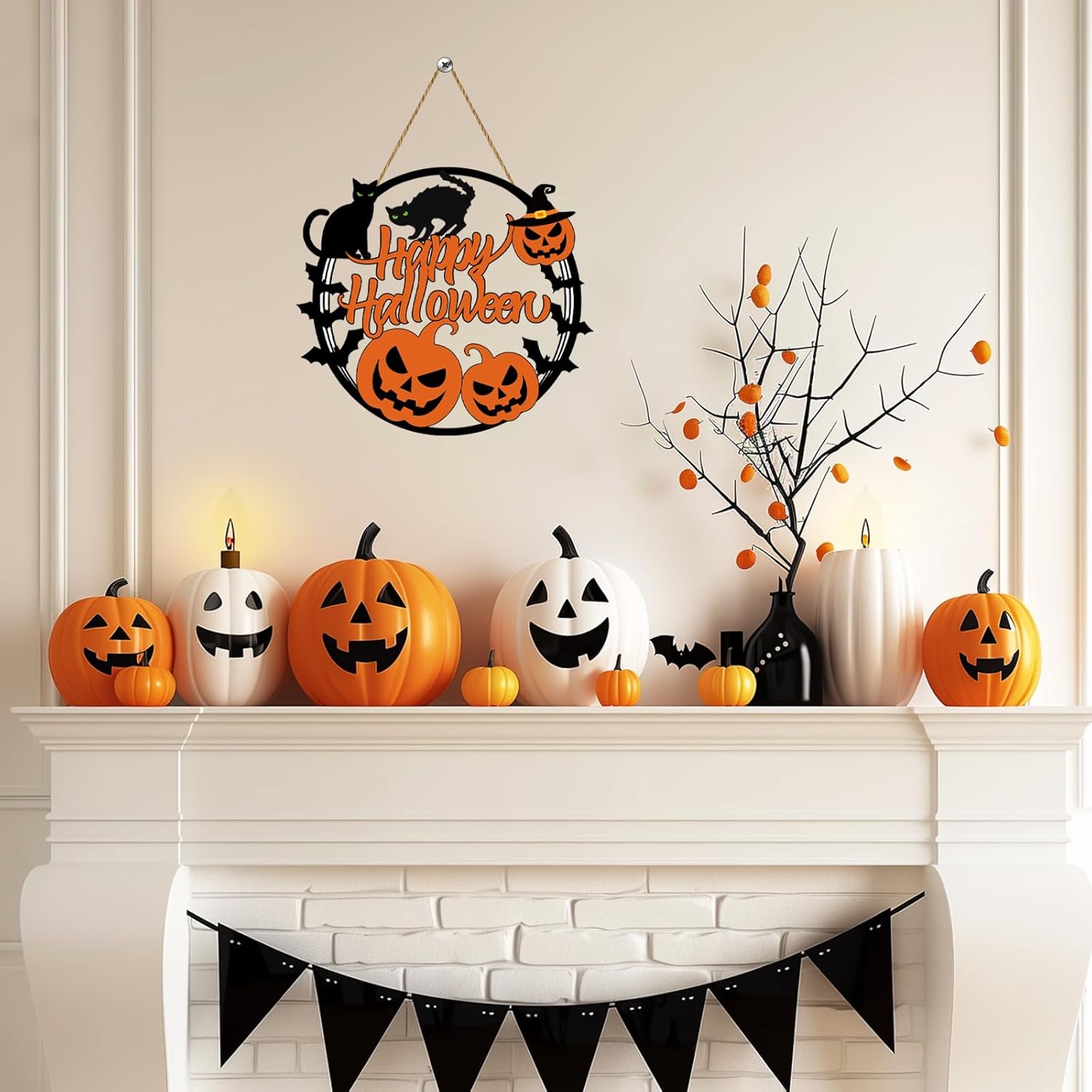 Halloween Wreath Decorations with Pumpkin Bat Black Cat Sign