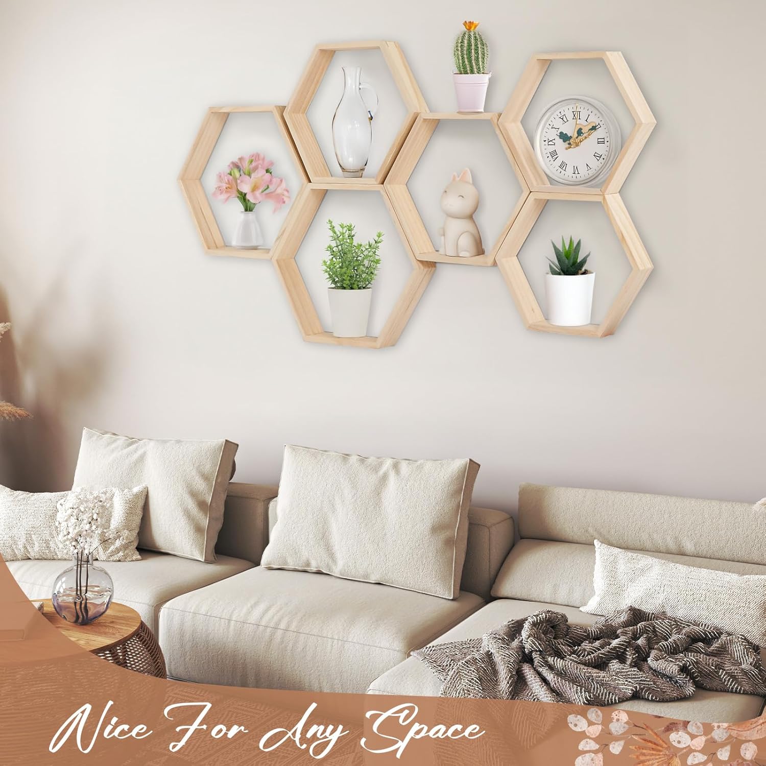 12 Pcs Wooden Hexagon Shelves 3 Sizes