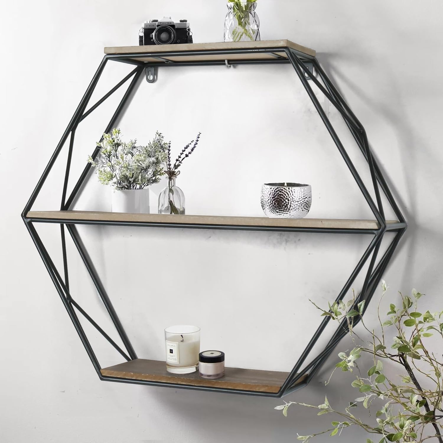 Oakrain Black Floating Wall Shelf Hexagon Living Room Bedroom