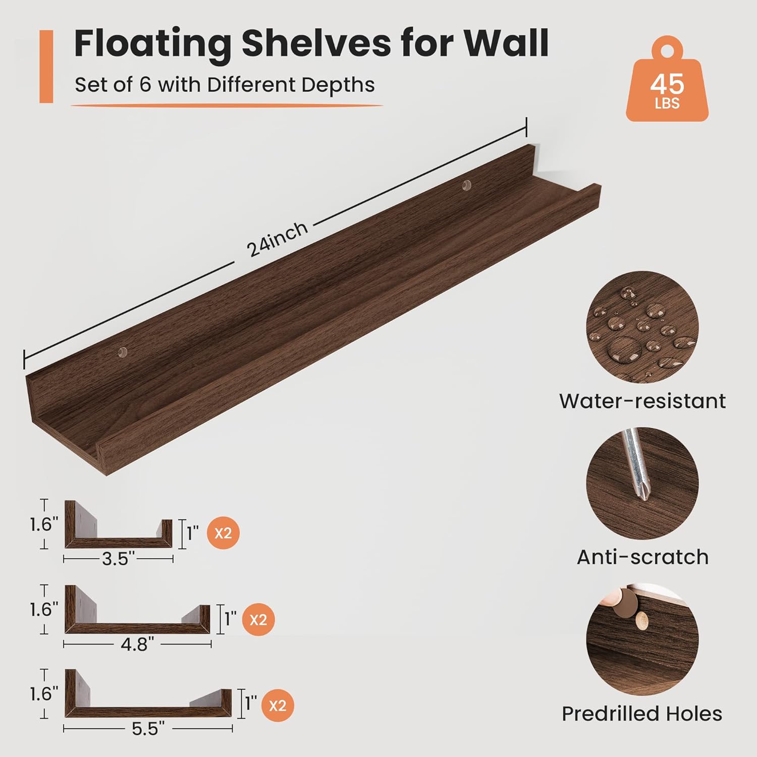 Fun Memories Floating Shelf Set of 6 24 Inch Walnut
