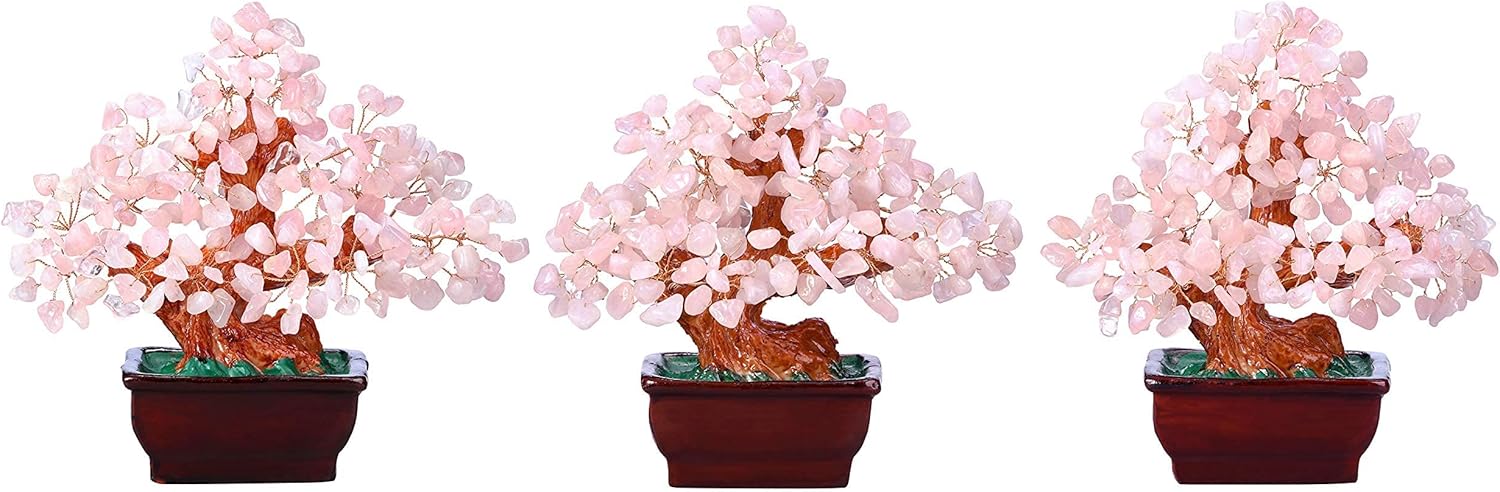 Jovivi Rose Quartz Crystal Heart Money Tree Healing Bonsai Set