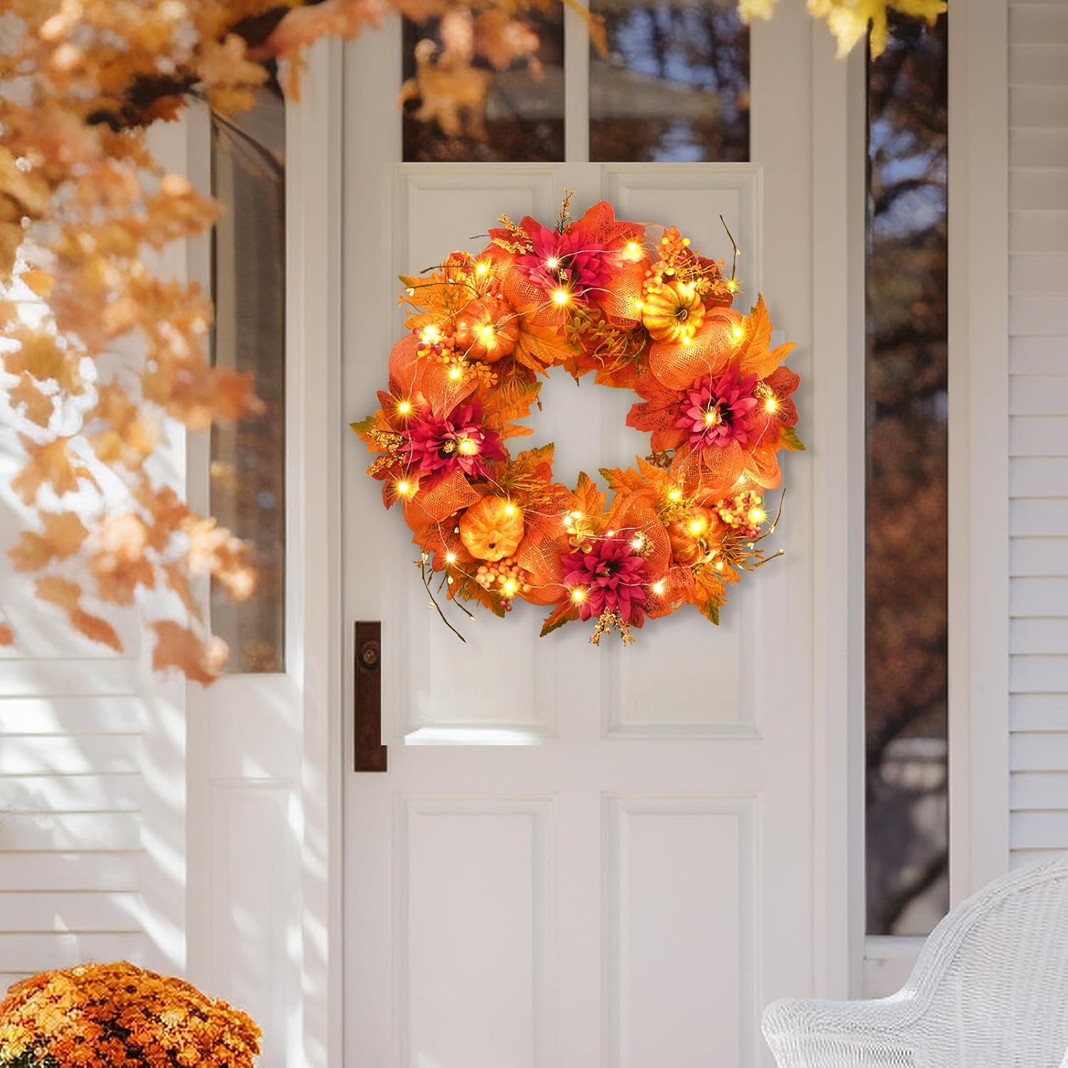 Fall Wreath with Lights - 20 Inch Autumn Decor for Front Door and Porch