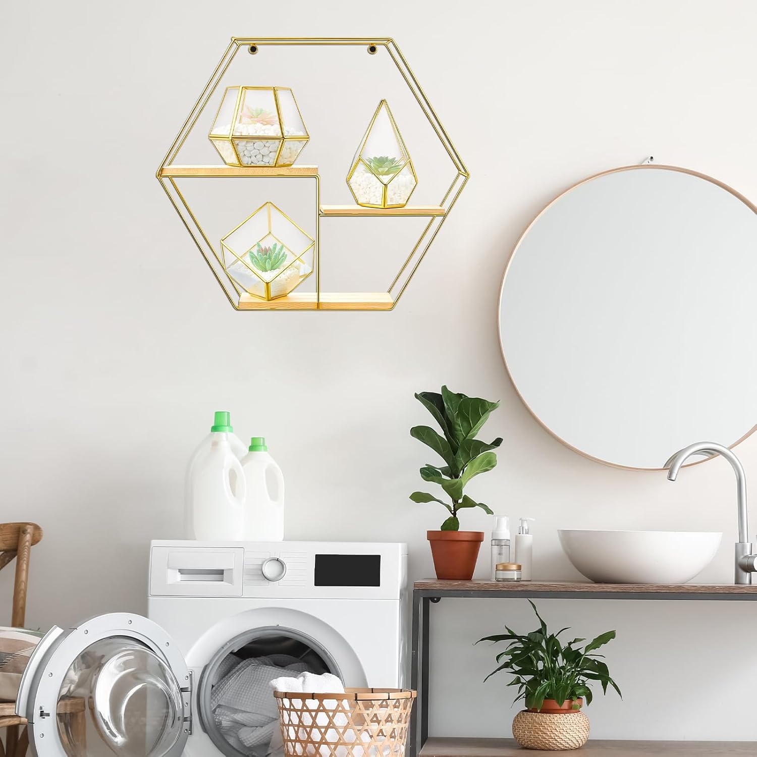 Hexagonal Metal Wall Shelves with 3 Glass Planter Sets