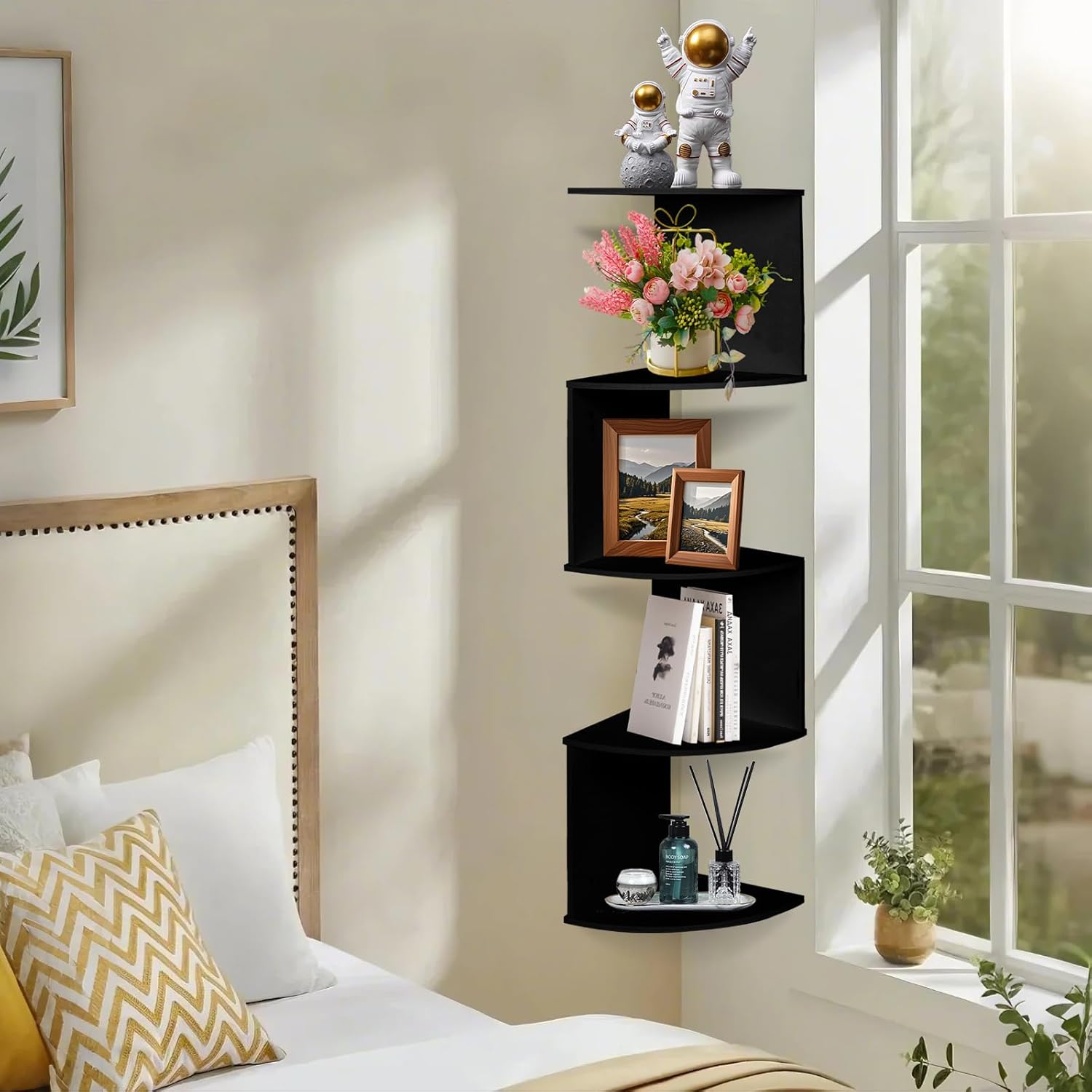 LuiceABC 5 Tier Corner Floating Shelf Black