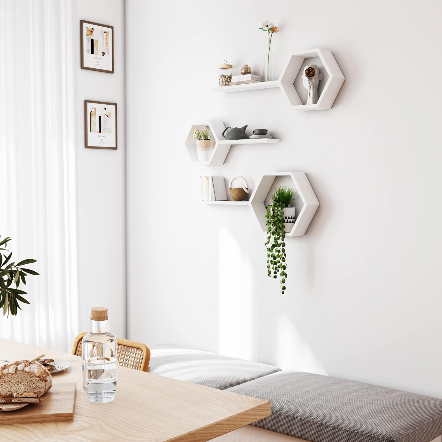 Wooden Hexagon Floating Shelves Set of 6 White Pine