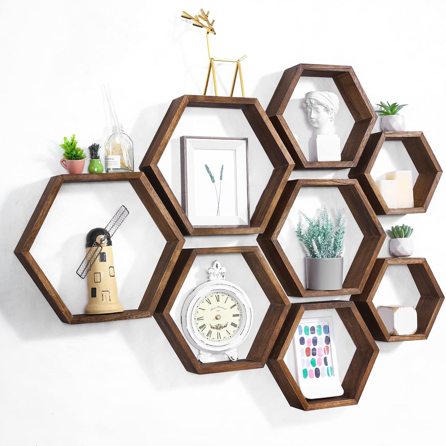 Maitys Hexagon Floating Shelves Set of 8 Brown Wood Wall Decor