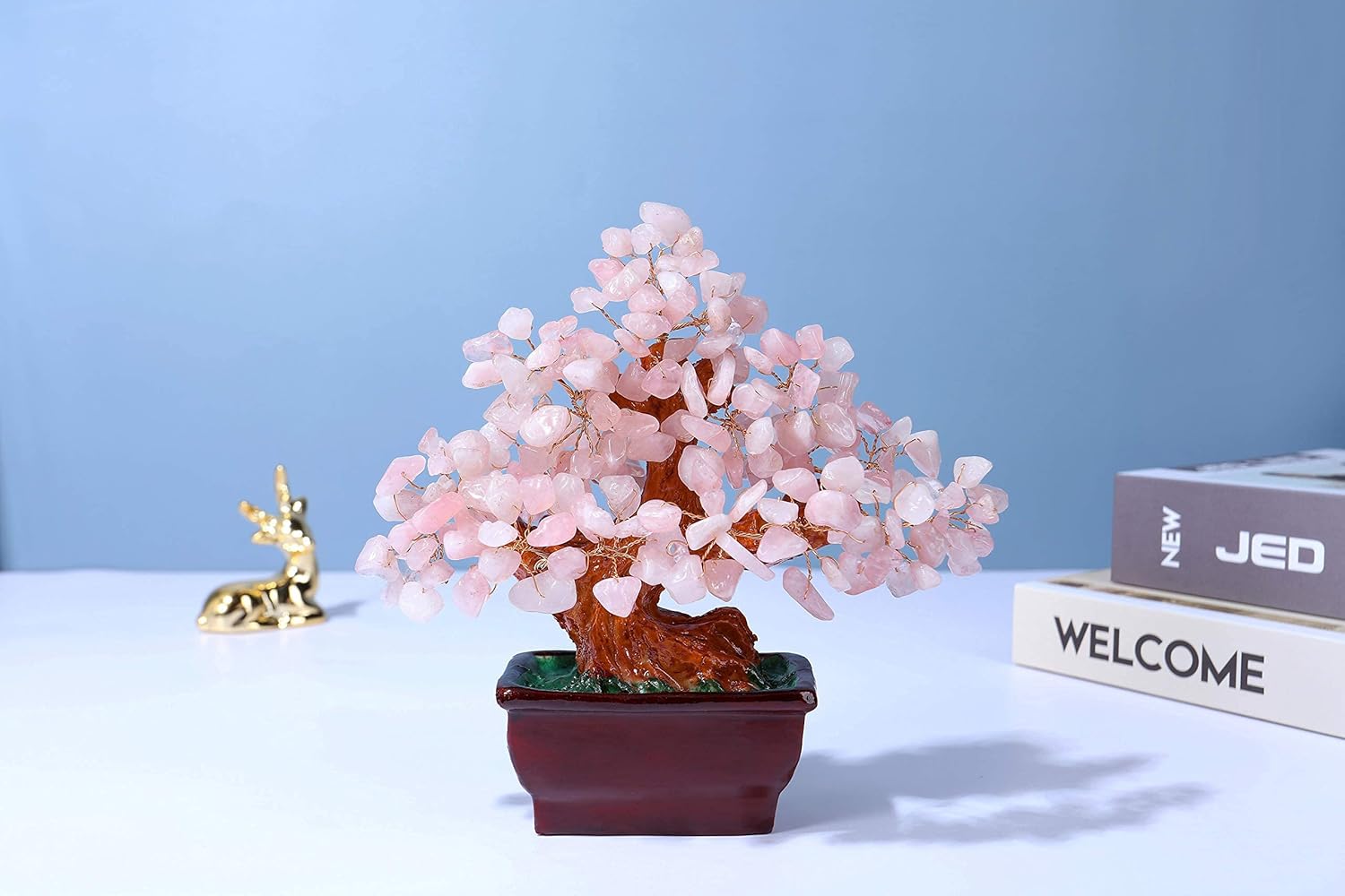 Jovivi Rose Quartz Crystal Heart Money Tree Healing Bonsai Set