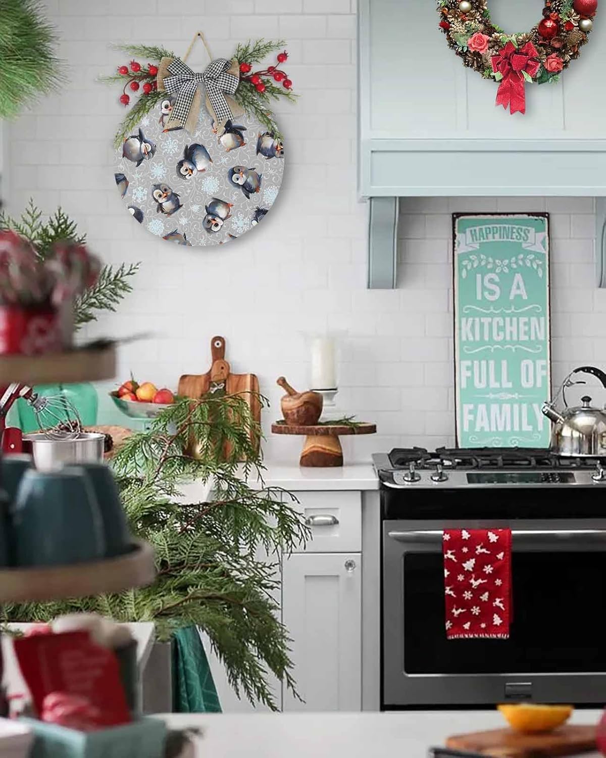 Cute Christmas Welcome Sign with Penguin Wreath Decor