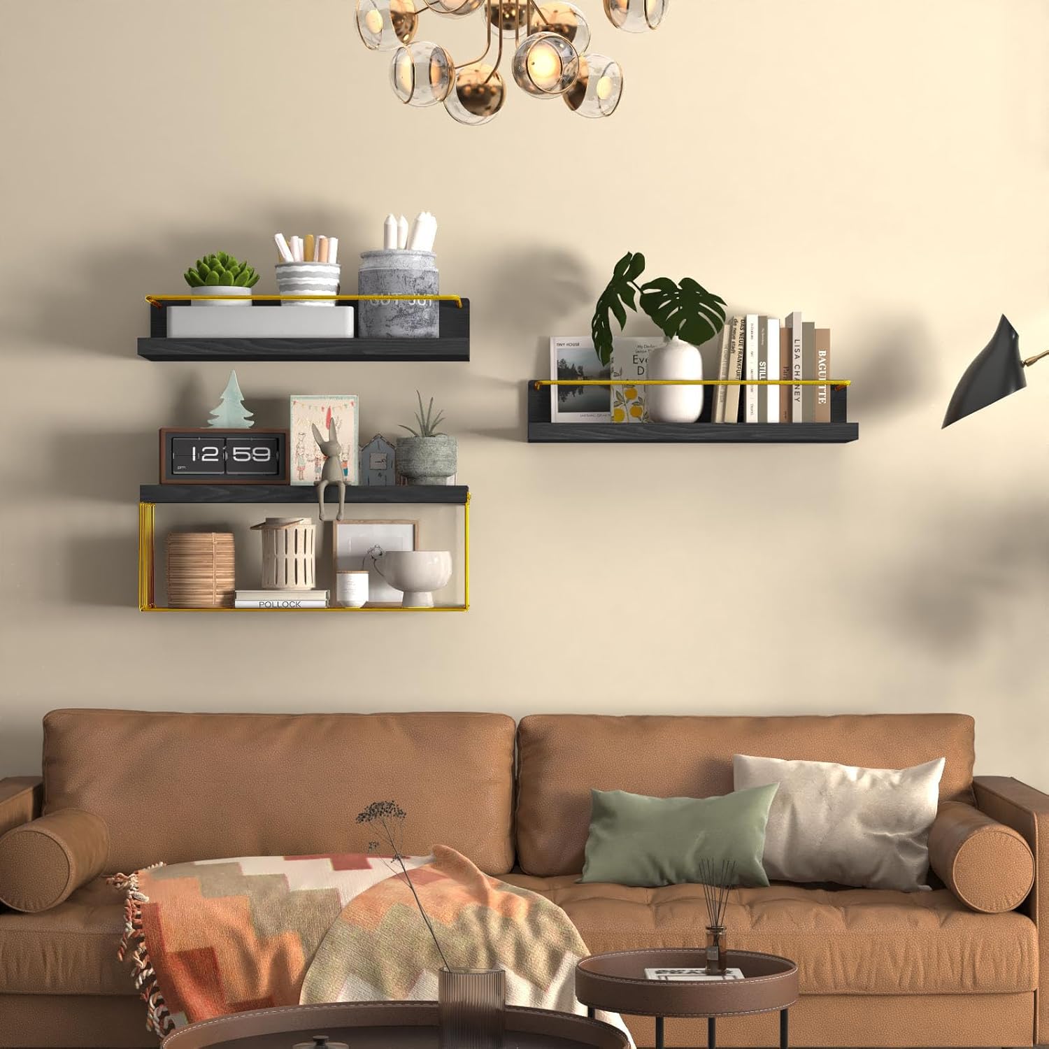 PopiShelves Floating Wall Shelves with Basket Set of 3 Black and Gold
