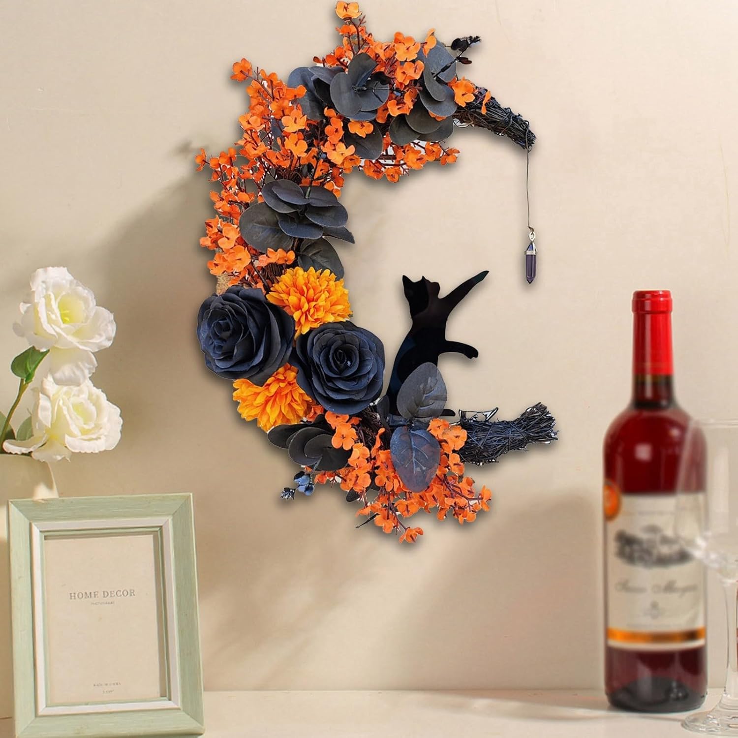Elegant Halloween Cat Door Wreath with Black Cat and Purple Flowers