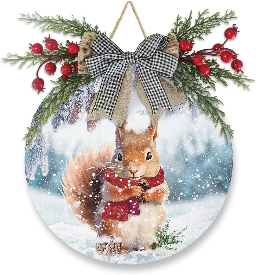 Welcome Sign with Squirrel Pine Cone Xmas Wreath