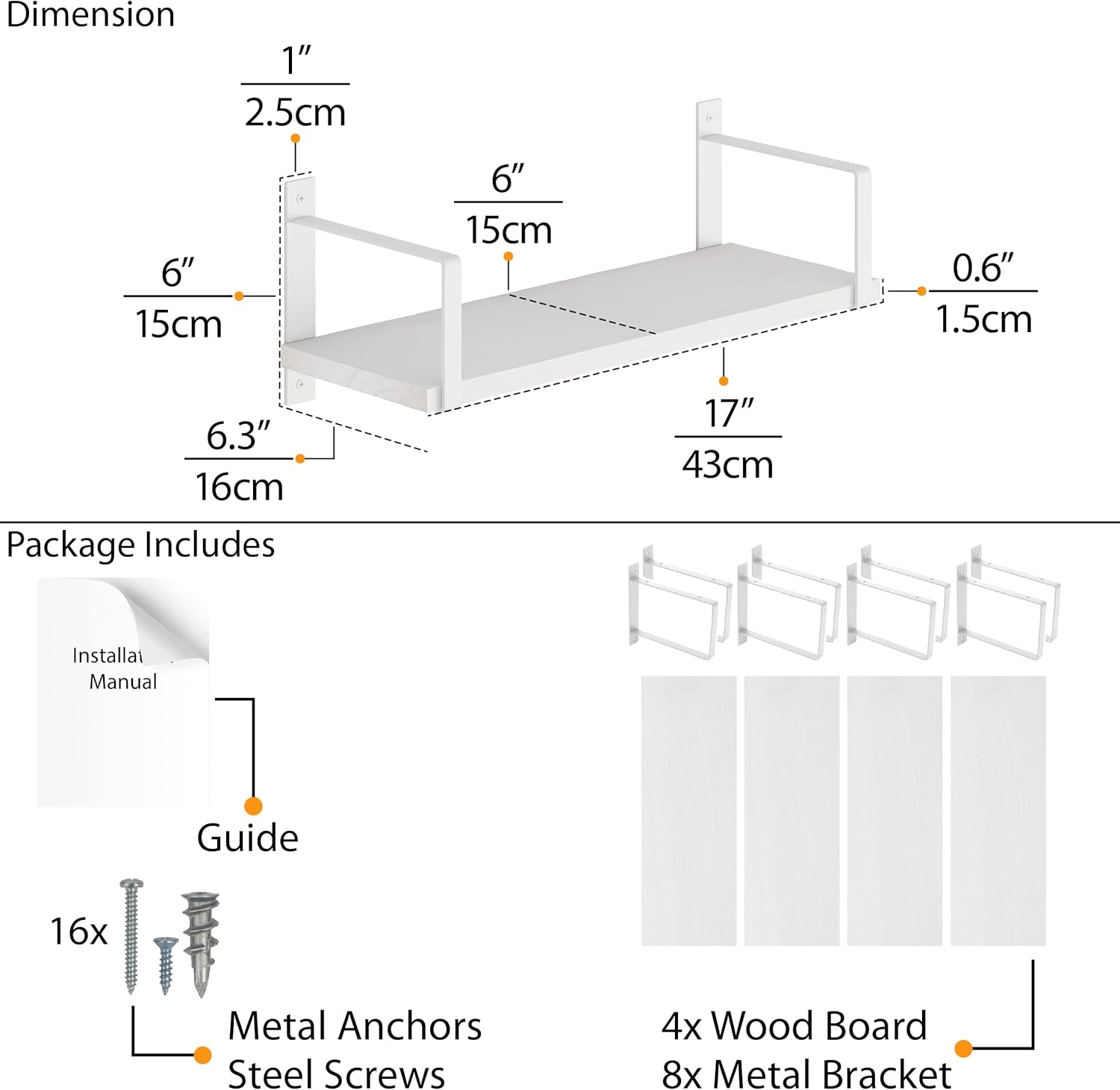 Wallniture Toledo 17 Inch Floating Shelves Set of 4 White