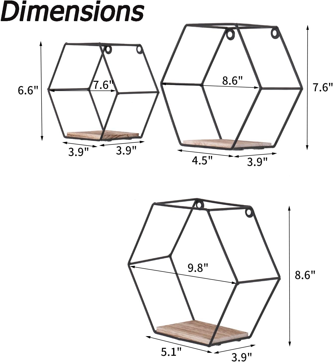 DRNCURN Hexagon Floating Shelves Wall Mounted Metal Set of 3 Honeycomb Dcor for Home