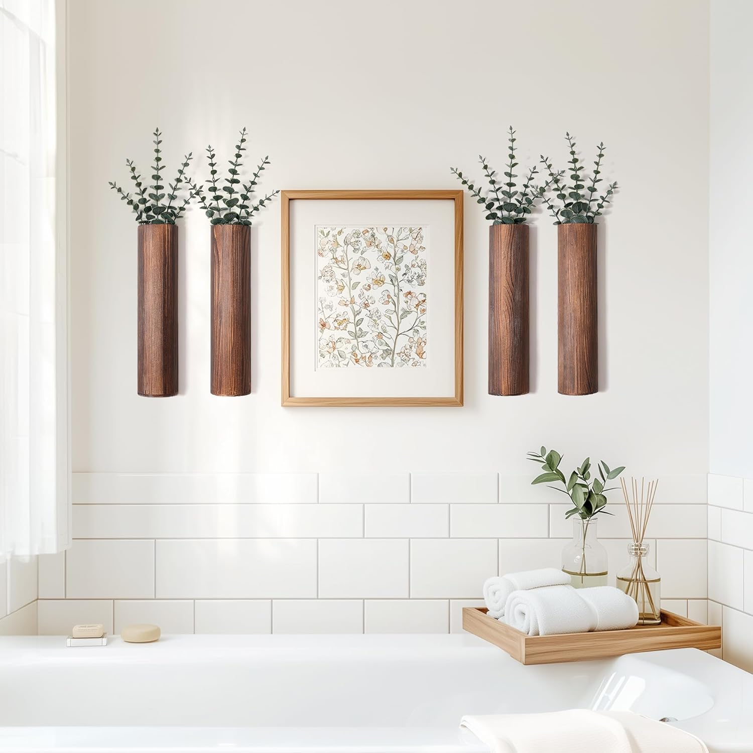 4 Pack Wood Wall Planter with Artificial Eucalyptus