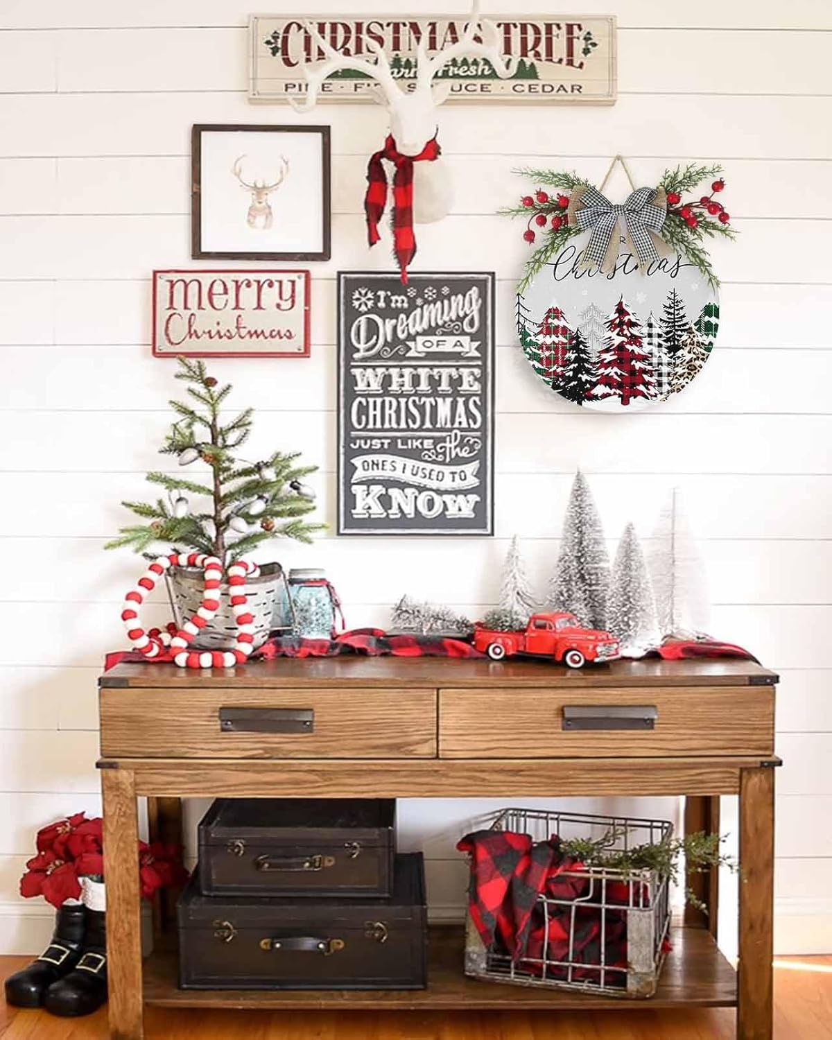 Welcome Sign Front Door Christmas Wreath Decor Plaid Xmas Tree Wooden Wall Decor