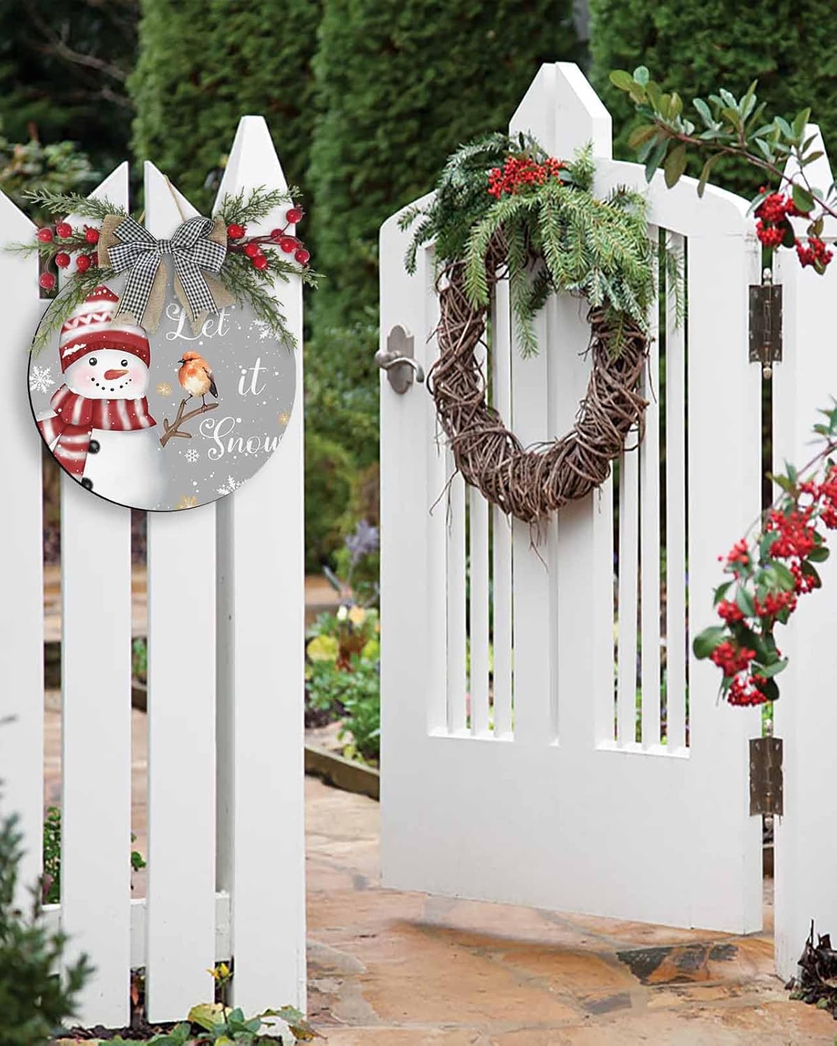 Welcome Sign Christmas Wreath Decorations Red Snowman Wood Sign