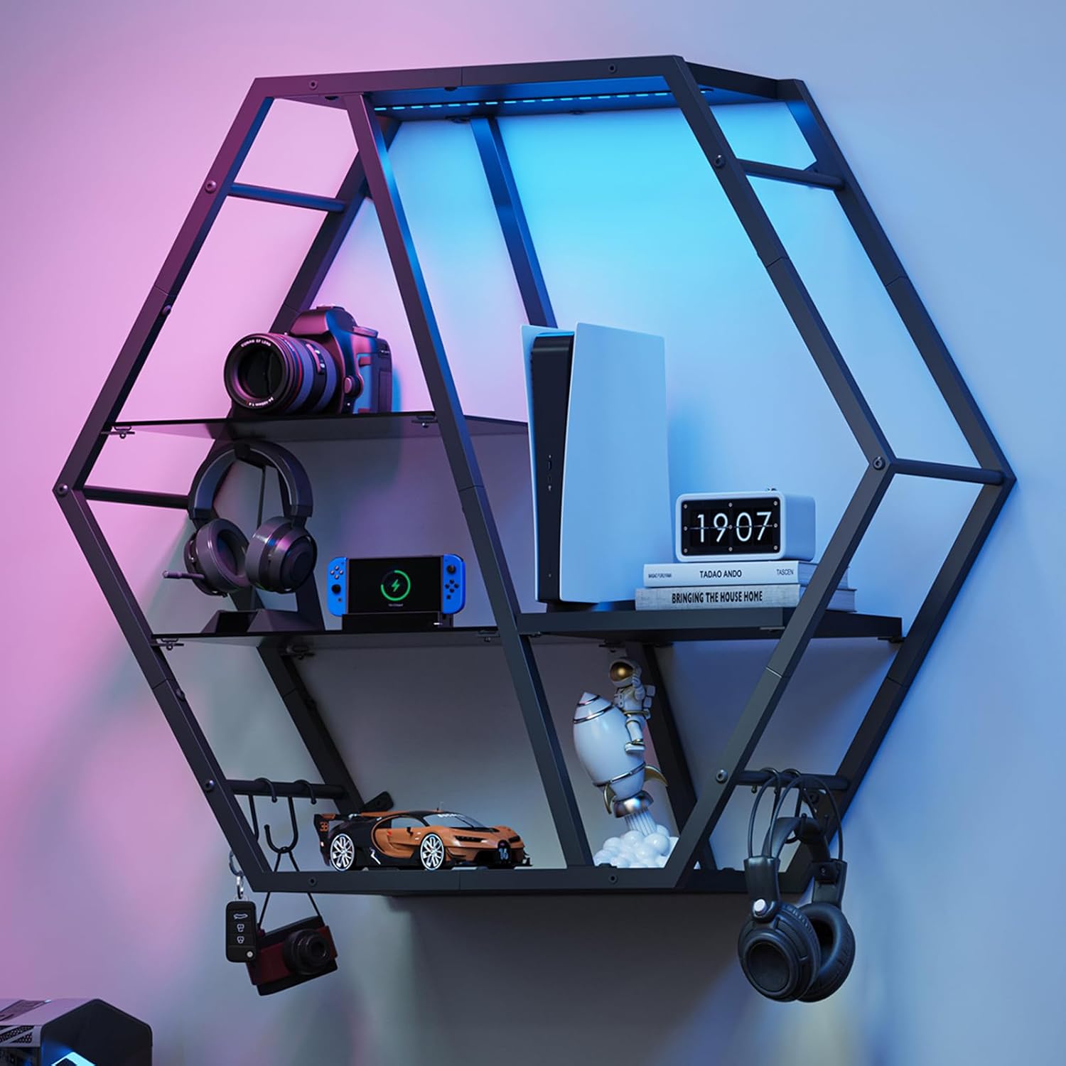Floating Shelf with Lights LED Gaming Display Shelf 4-Tier Wall Mount