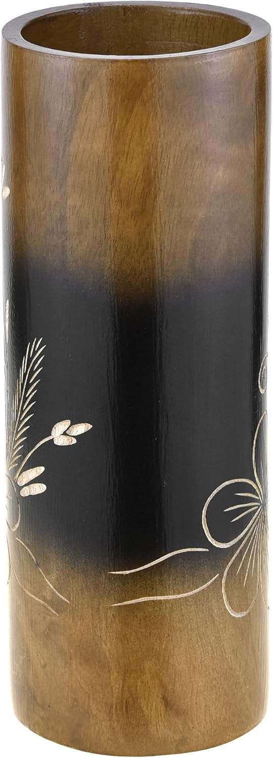 AeraVida Plumeria Flower Brown Cylindrical Wood Vase Set