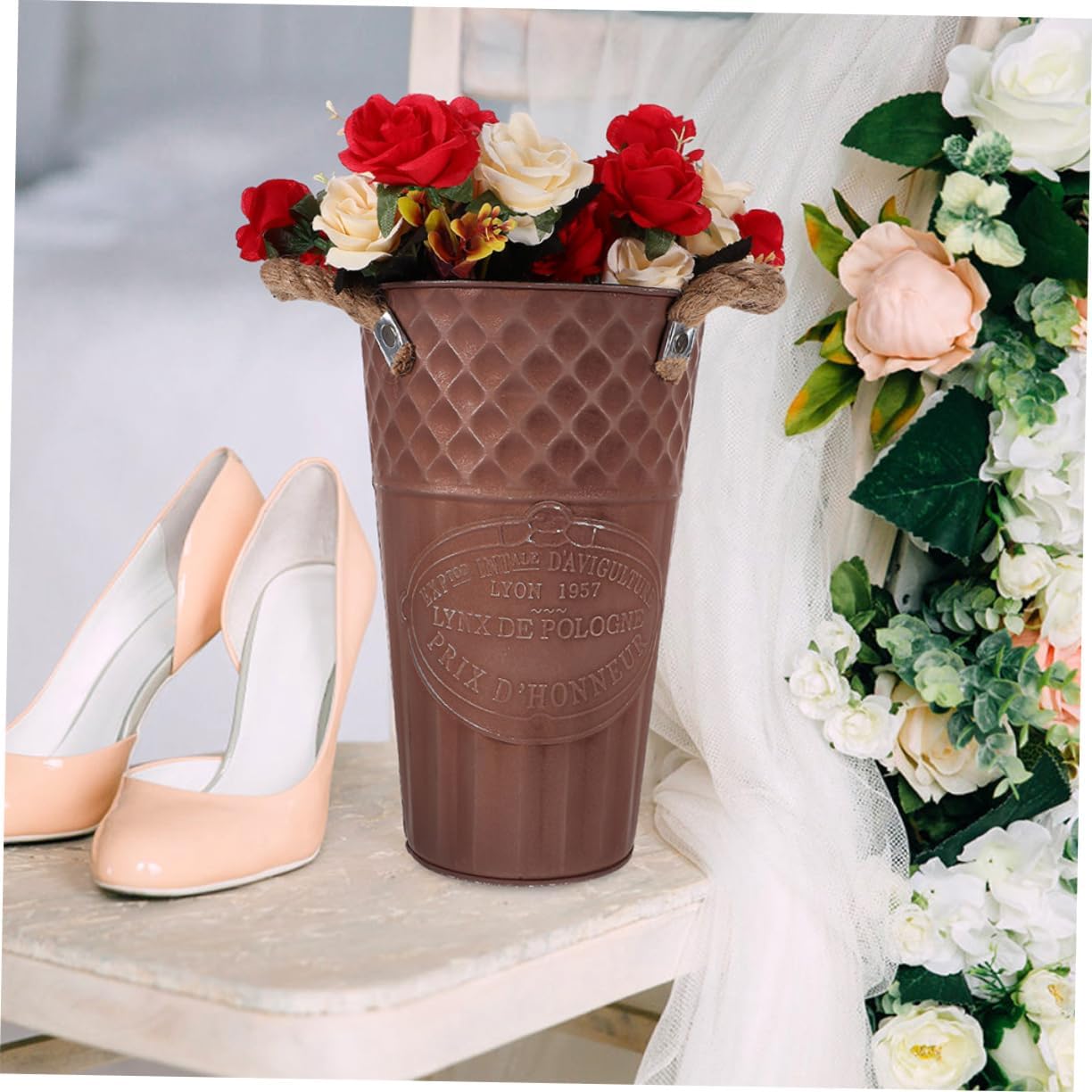 Vintage Style Flower Bucket Rustic Decorative Metal Vase