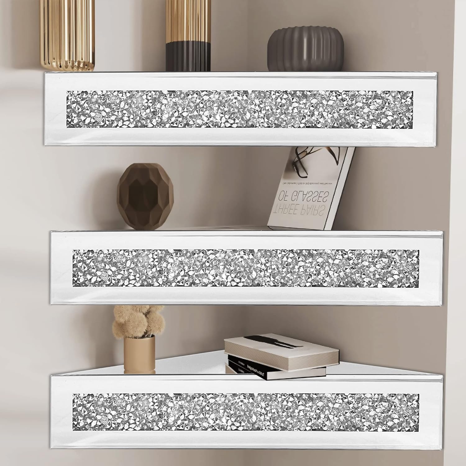 Royxen Floating Corner Shelves 2 Sets Crystal Mirrored
