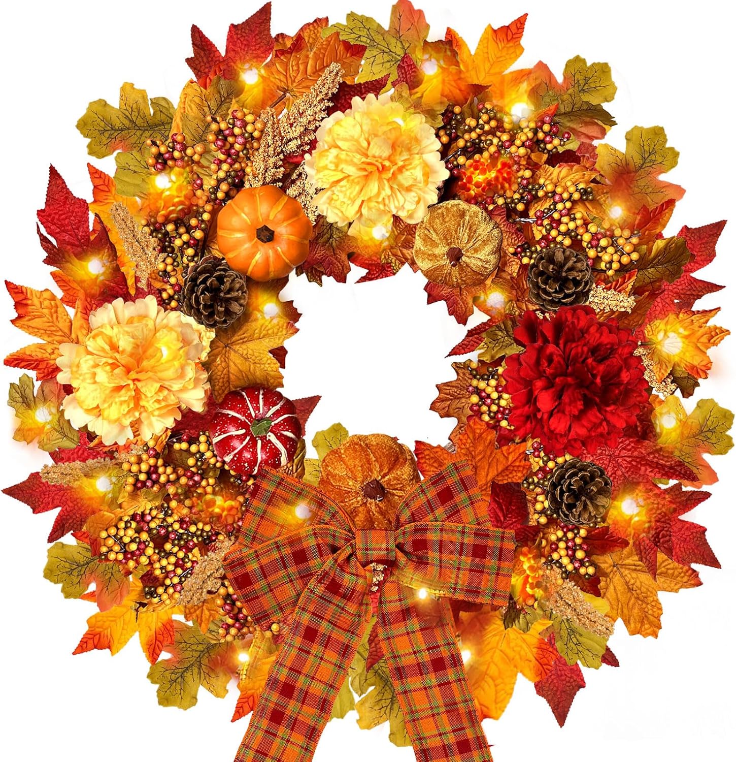 24 Inch Fall Wreath with Lights Pumpkin and Berry Decor