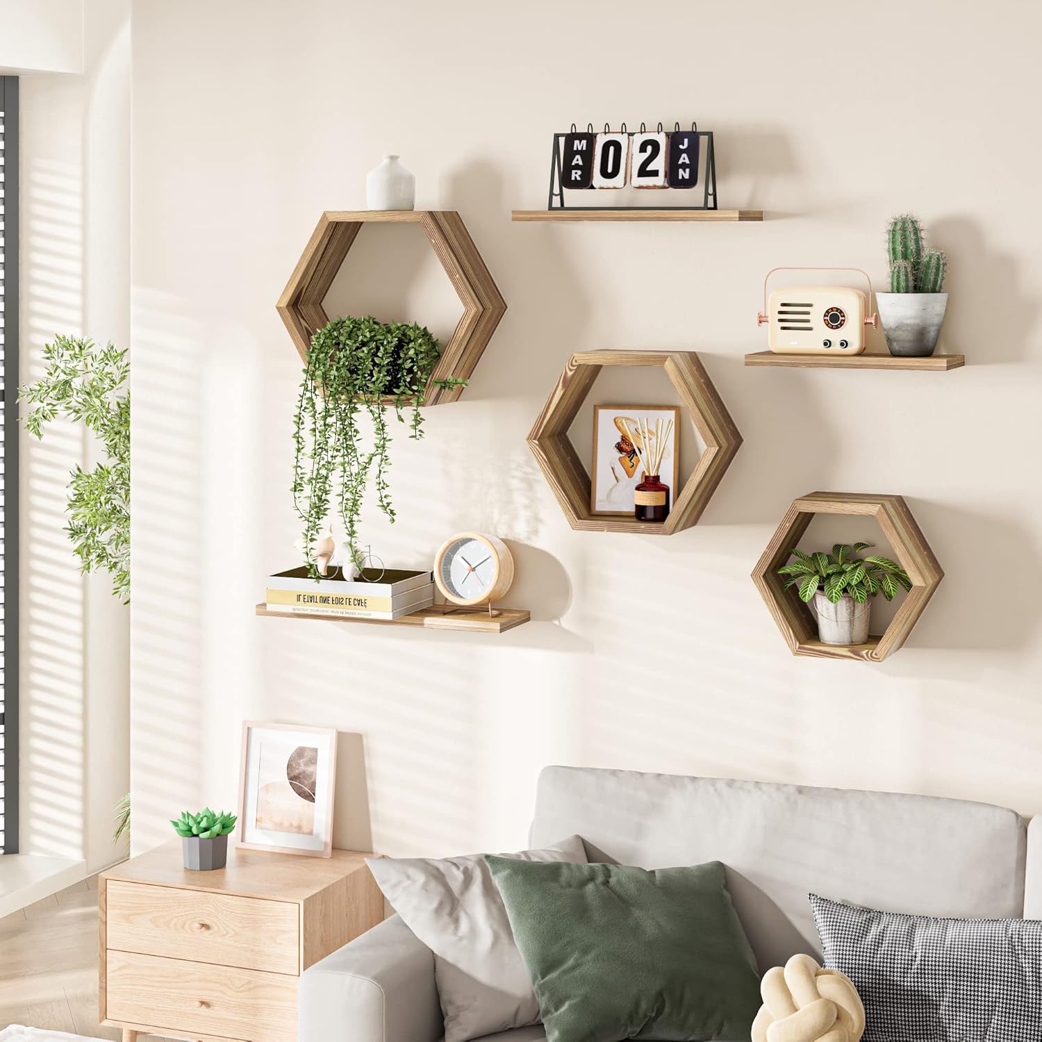 Modern Wooden Hexagon Floating Shelves Set of 6