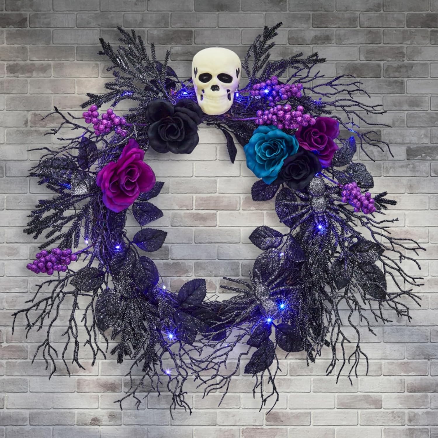 Gothic Halloween Skull Wreath with LED Lights