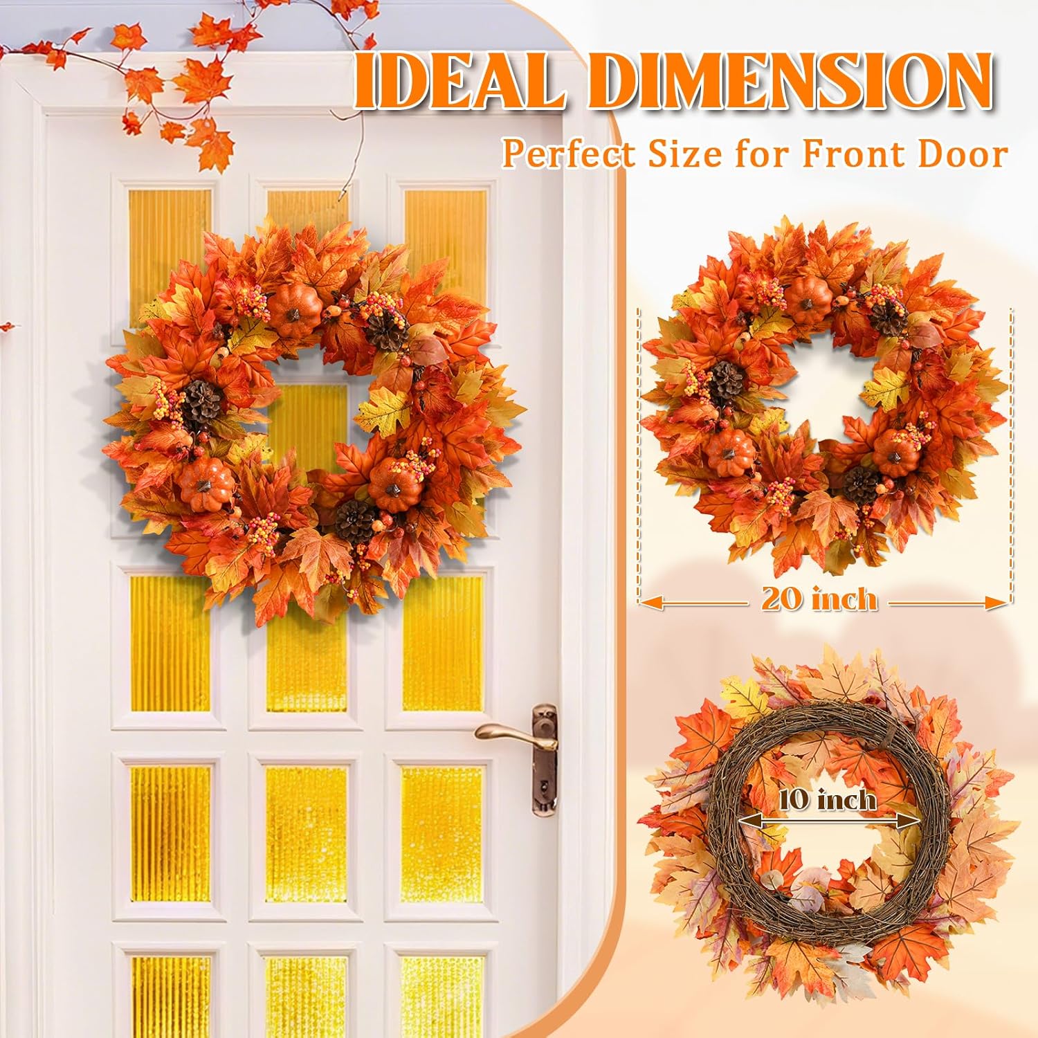 Elyum Fall Wreath - 20 Inch Autumn Door Decor with Pumpkins and Maple Leaves