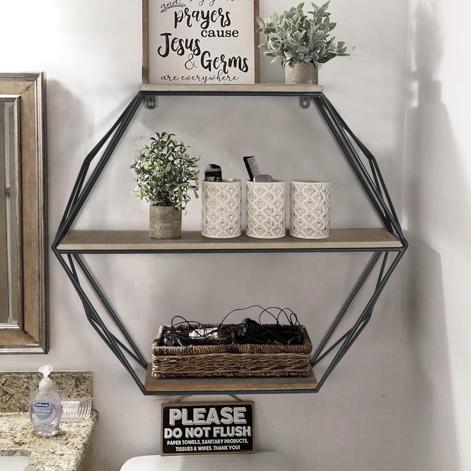 Oakrain Black Floating Wall Shelf Hexagon Living Room Bedroom
