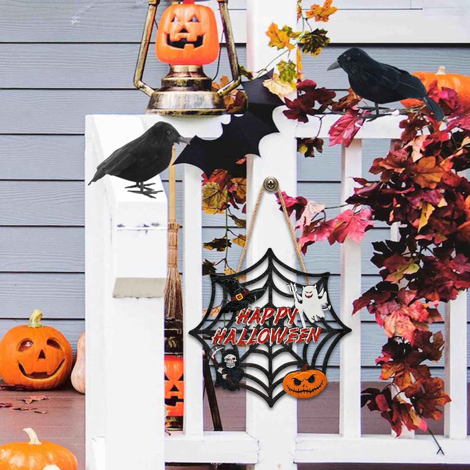 Halloween Wooden Door Wreath with Spider Web and Pumpkin