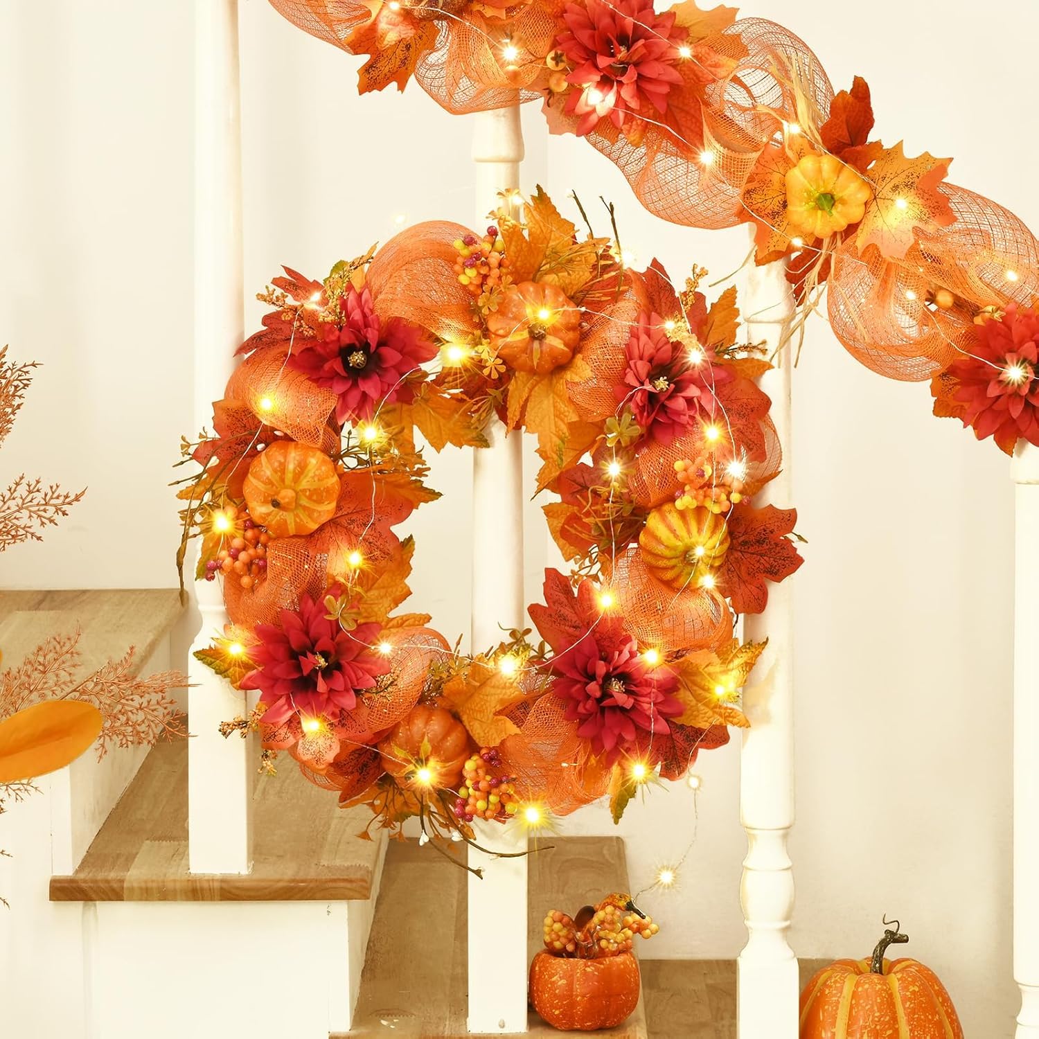 Fall Wreath with Lights - 20 Inch Autumn Decor for Front Door and Porch