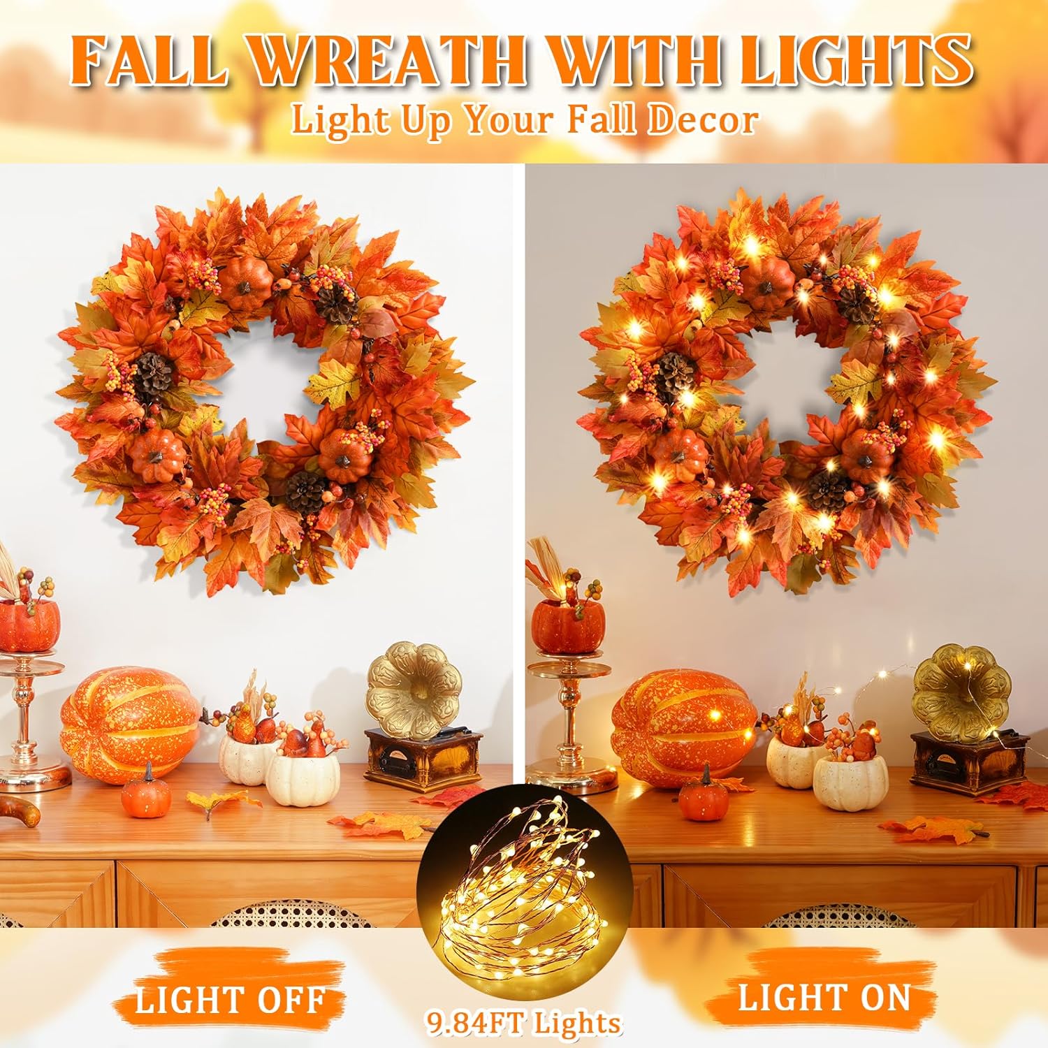 Elyum Fall Wreath - 20 Inch Autumn Door Decor with Pumpkins and Maple Leaves